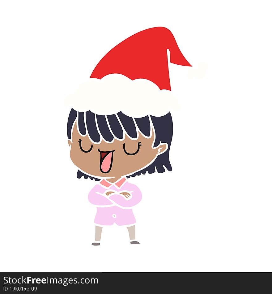 hand drawn flat color illustration of a woman wearing santa hat