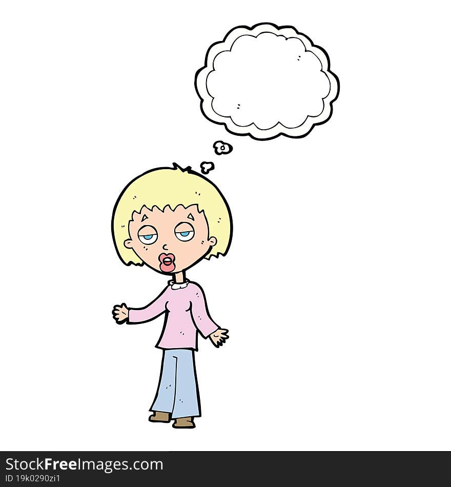 cartoon tired woman with thought bubble