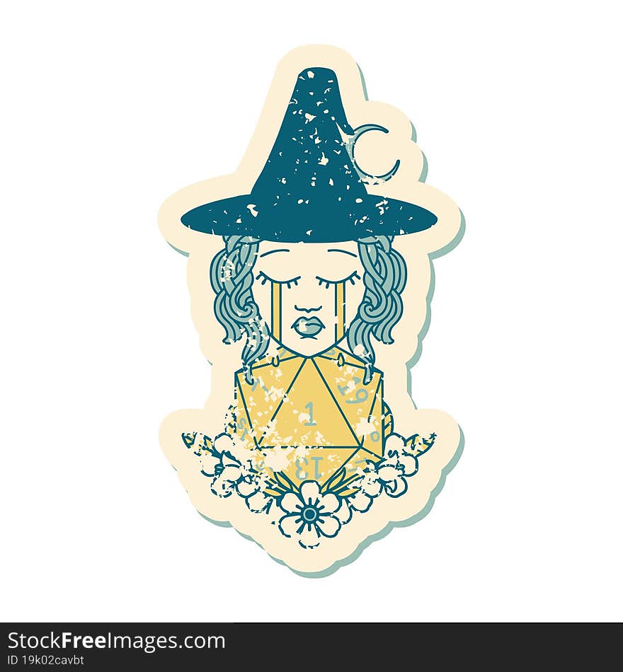 grunge sticker of a crying human witch with natural one D20 dice roll. grunge sticker of a crying human witch with natural one D20 dice roll