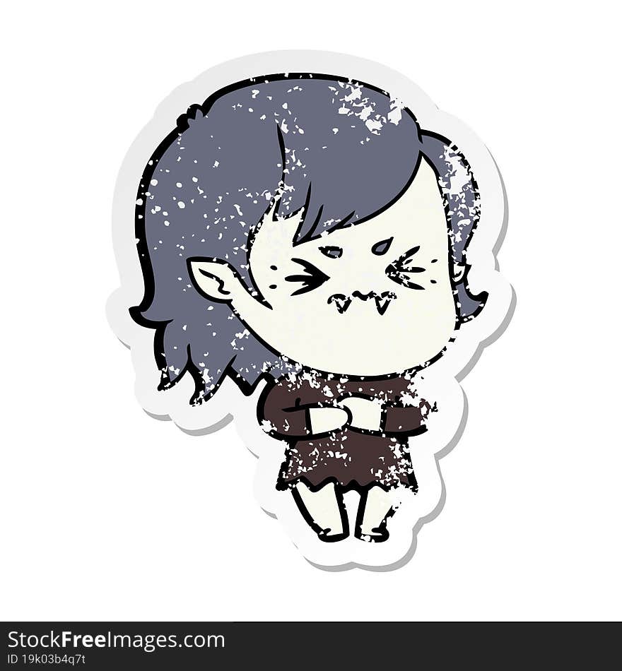 Distressed Sticker Of A Annoyed Cartoon Vampire Girl