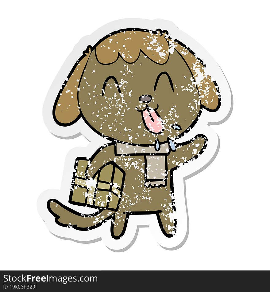 distressed sticker of a cute cartoon dog with christmas present