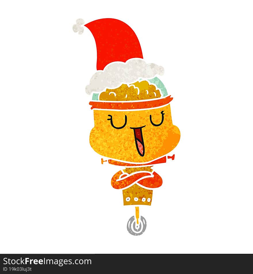 happy retro cartoon of a robot wearing santa hat