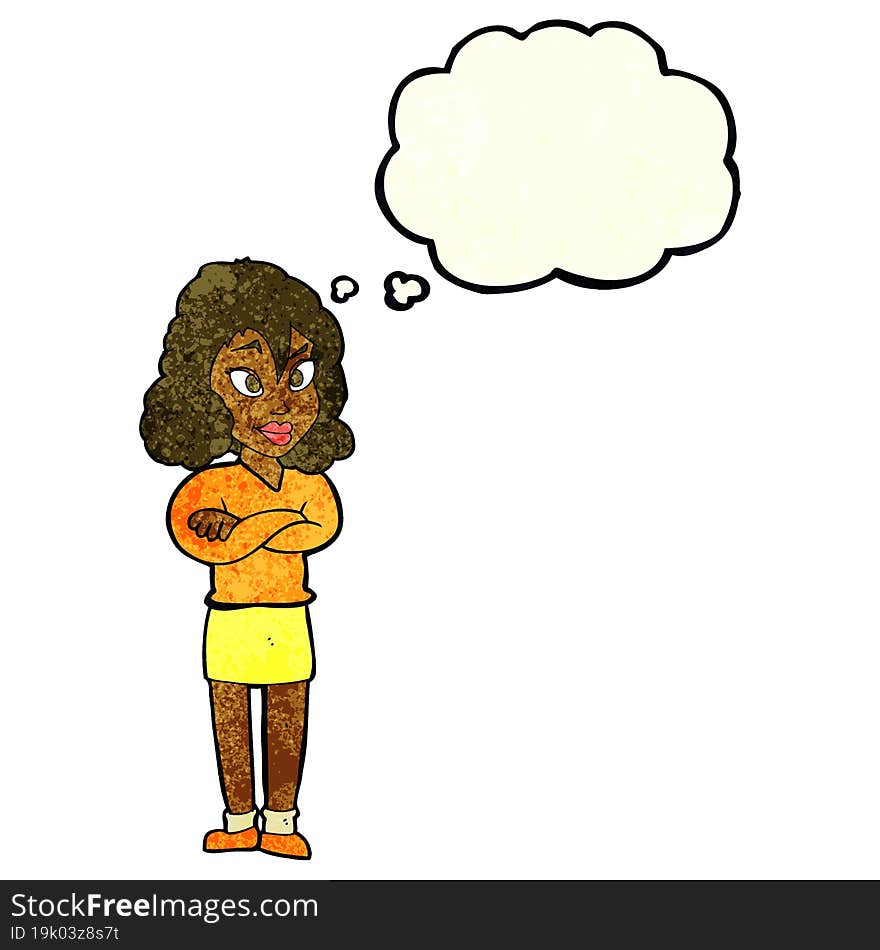 cartoon woman with crossed arms with thought bubble