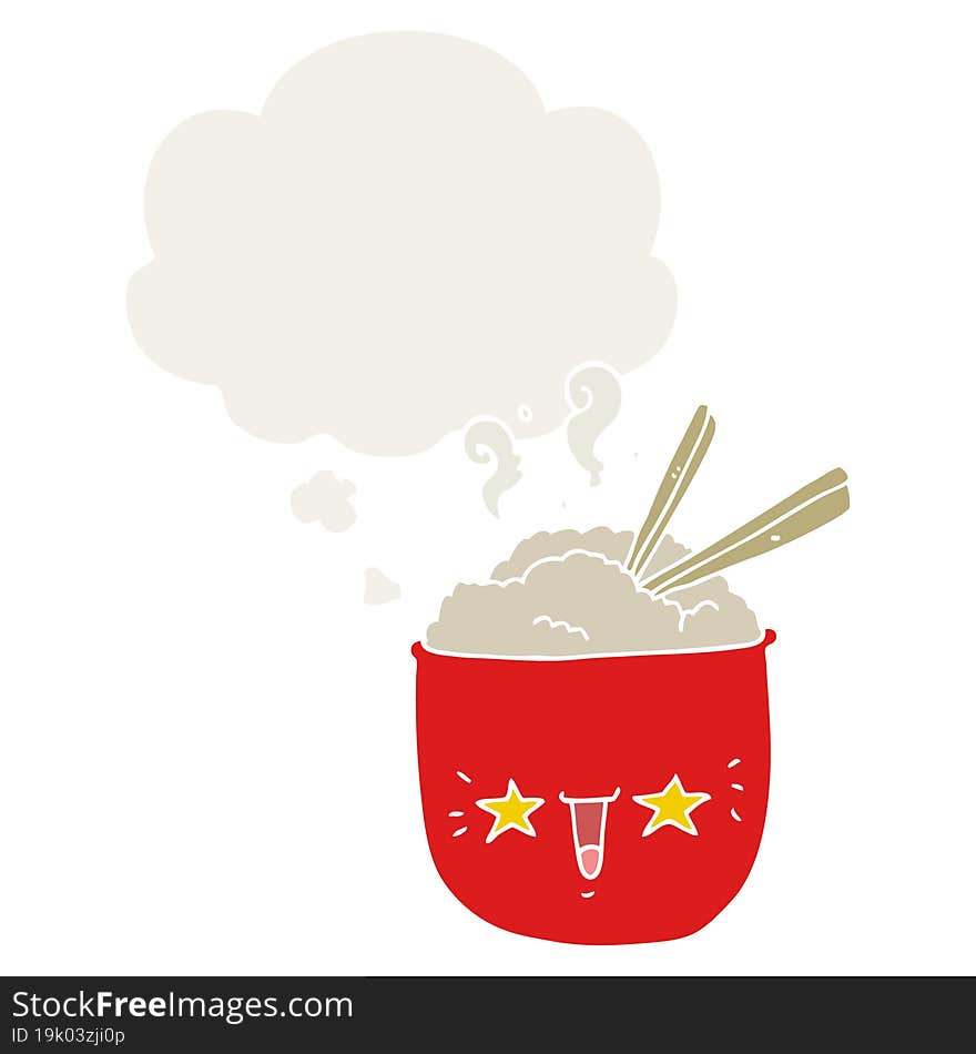 cartoon rice bowl with face with thought bubble in retro style