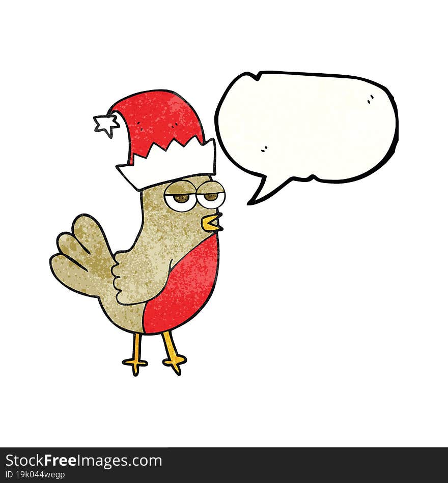 speech bubble textured cartoon robin in christmas hat