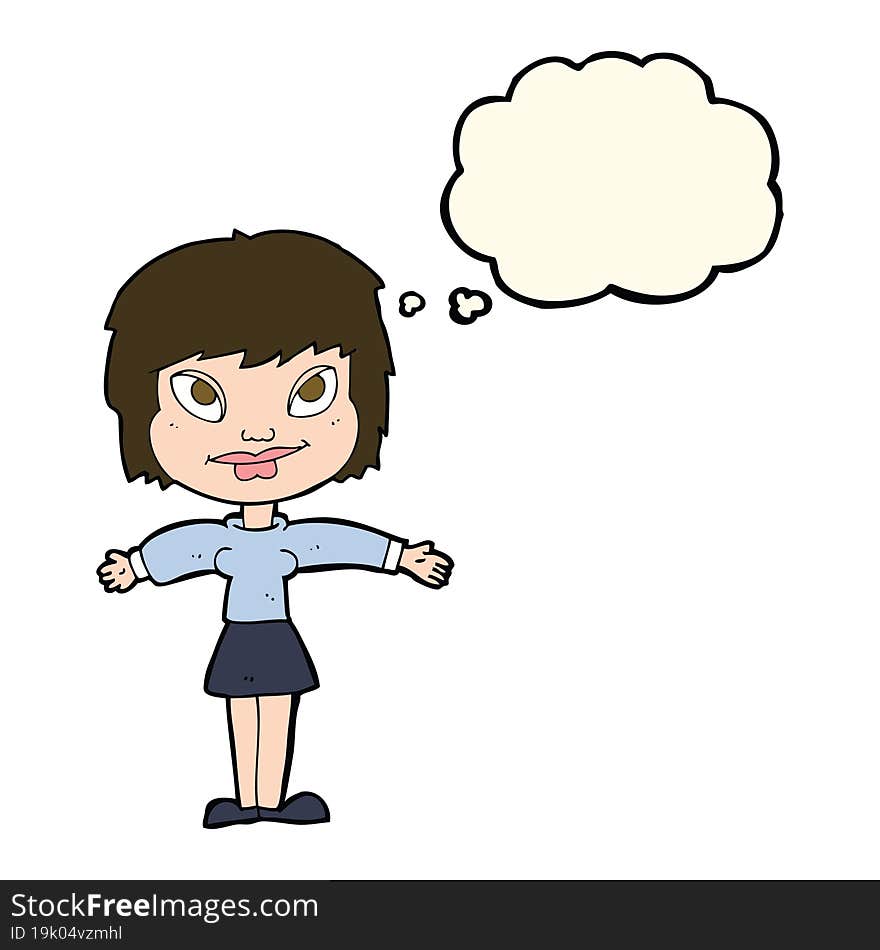 cartoon woman with open amrs with thought bubble