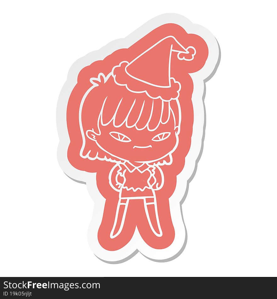 quirky cartoon  sticker of a woman wearing santa hat