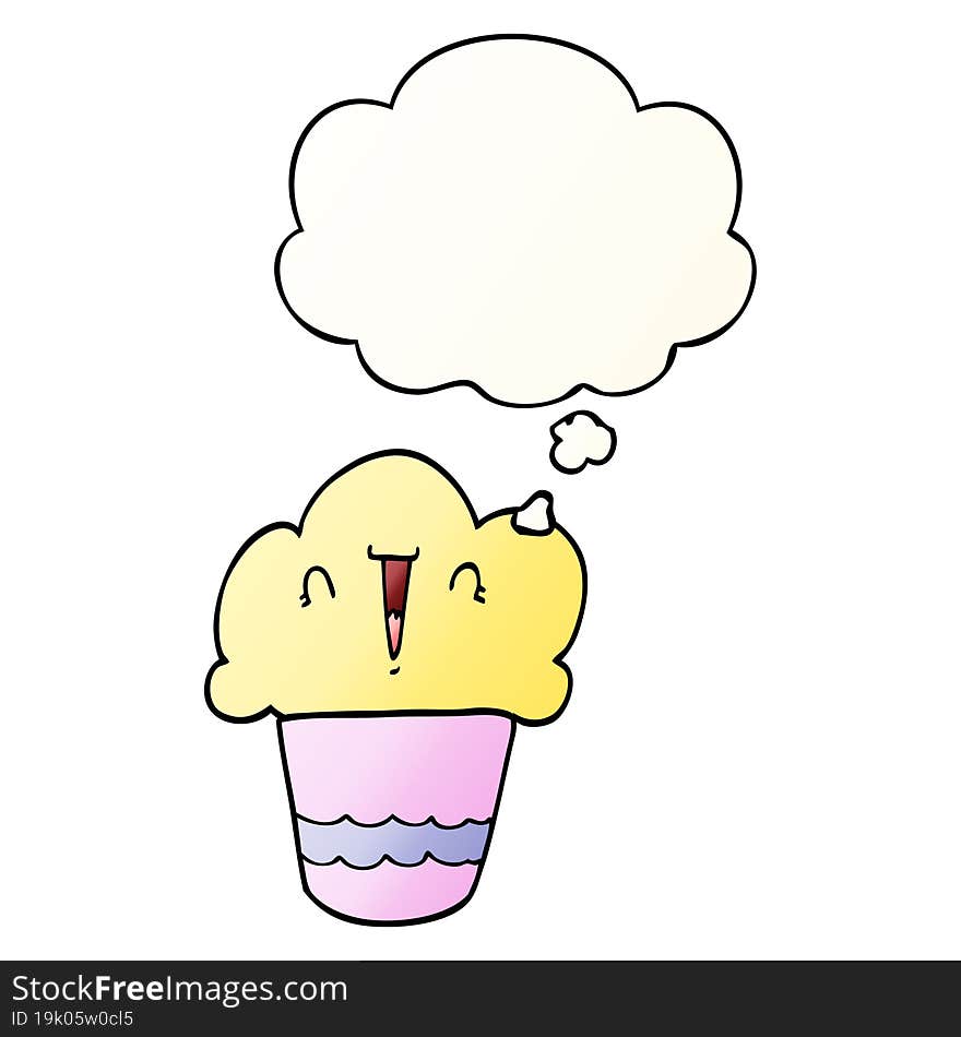 cartoon cupcake with face with thought bubble in smooth gradient style