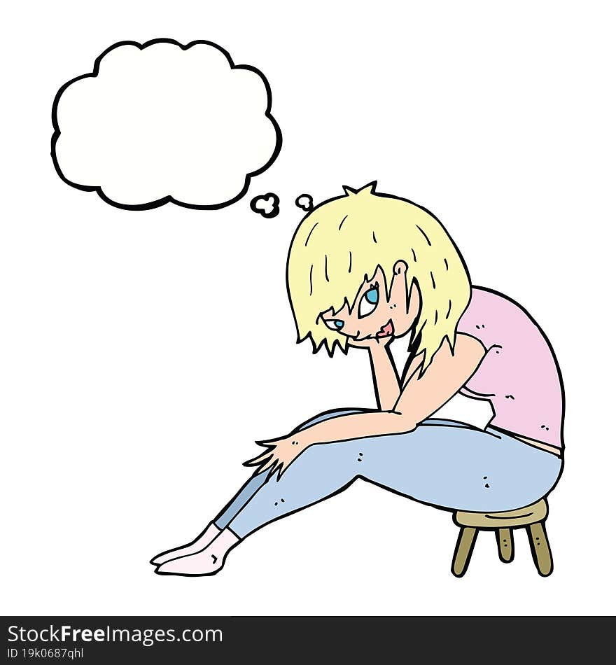 cartoon woman sitting on small stool with thought bubble