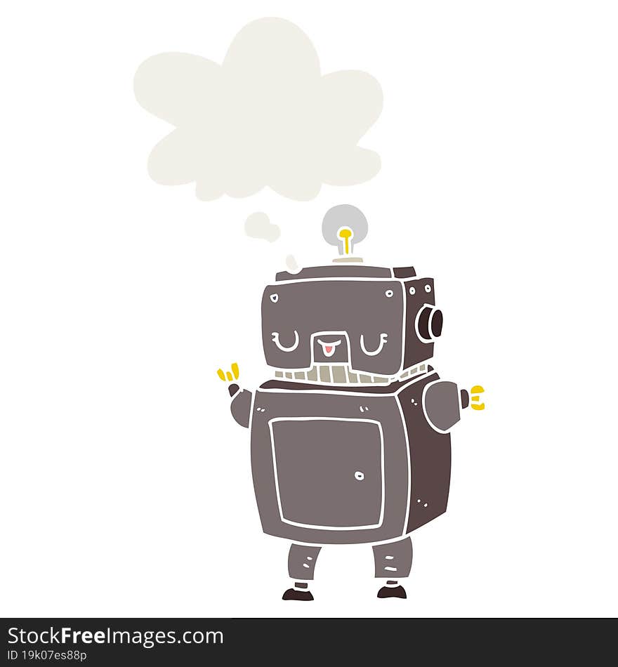 cartoon robot and thought bubble in retro style