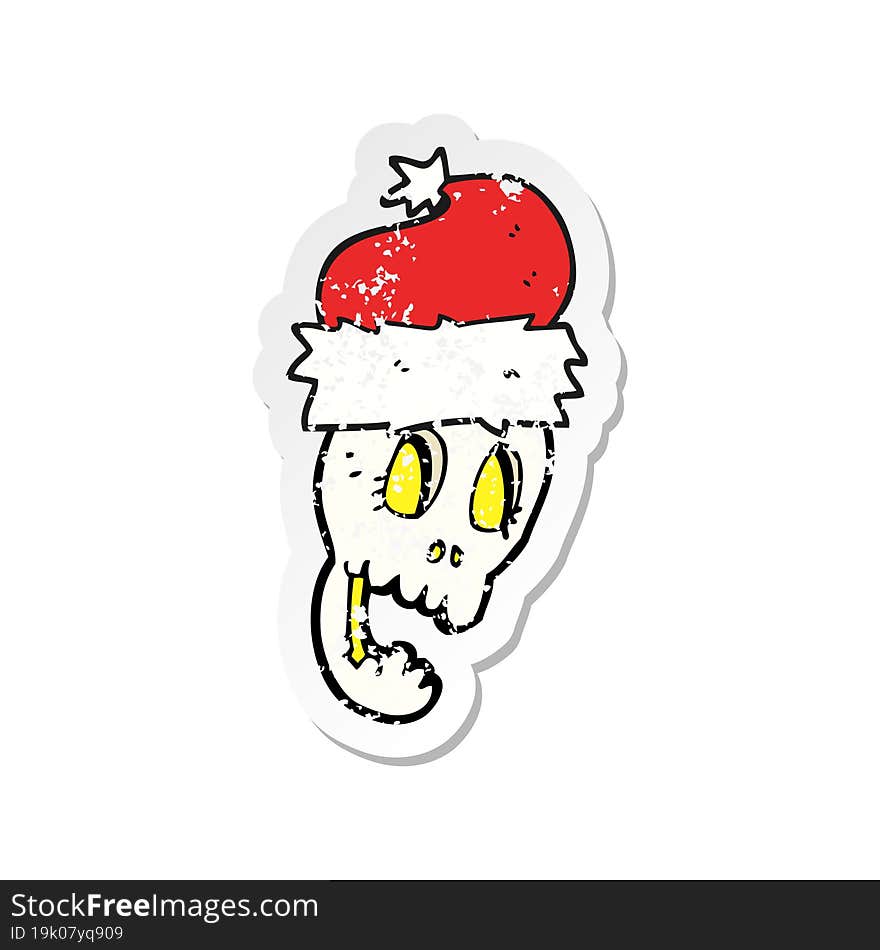 retro distressed sticker of a cartoon christmas hat on skull