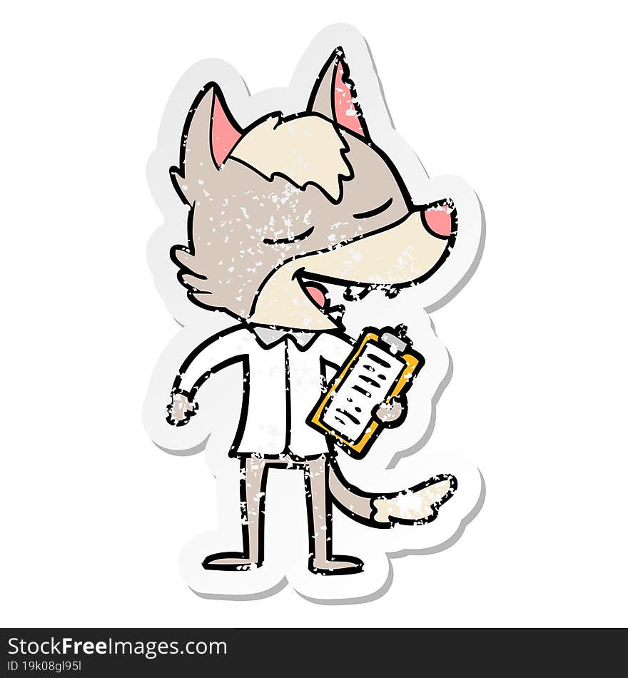 Distressed Sticker Of A Cartoon Saleman Wolf Laughing