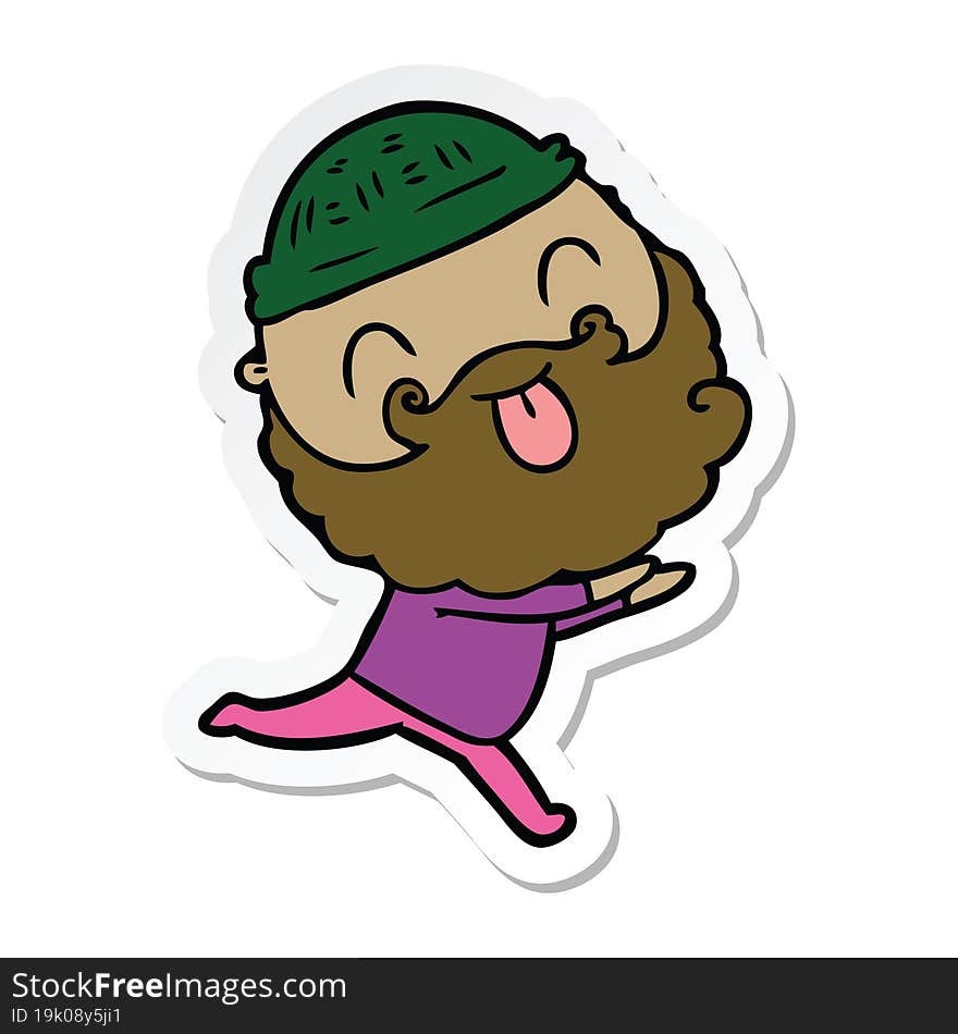 sticker of a running man with beard sticking out tongue