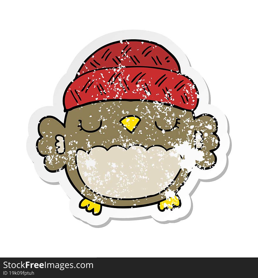 Distressed Sticker Of A Cute Cartoon Owl In Hat