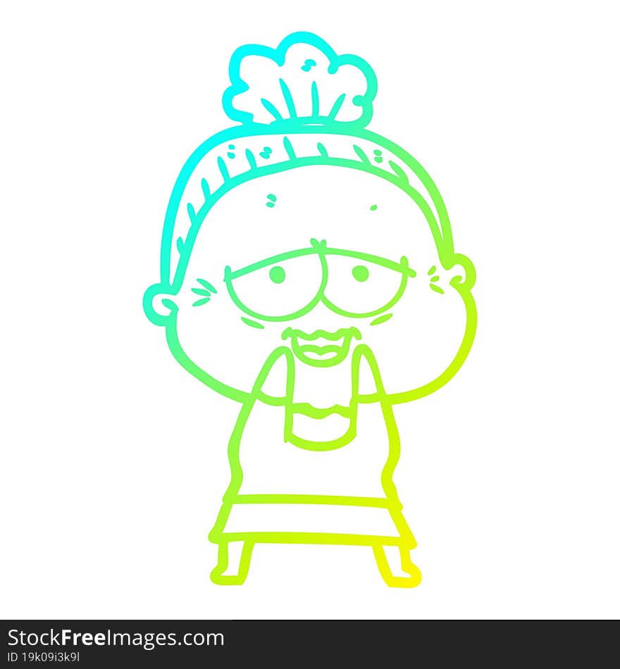 cold gradient line drawing of a cartoon happy old lady