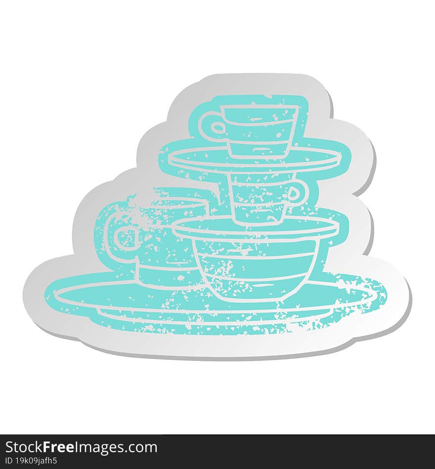 distressed old cartoon sticker of colourful bowls and plates