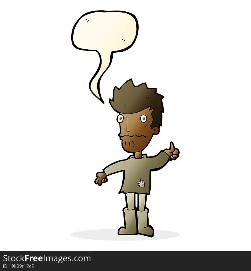 cartoon worried man giving thumbs up symbol with speech bubble