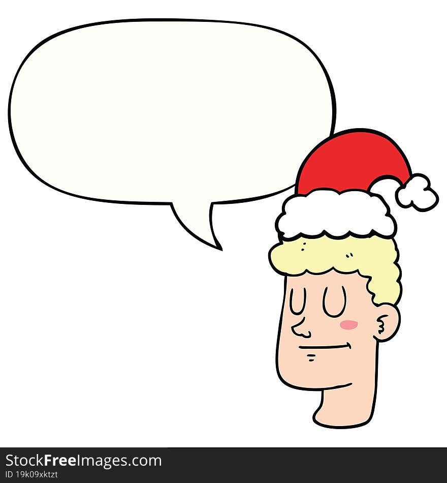 cartoon man wearing christmas hat and speech bubble