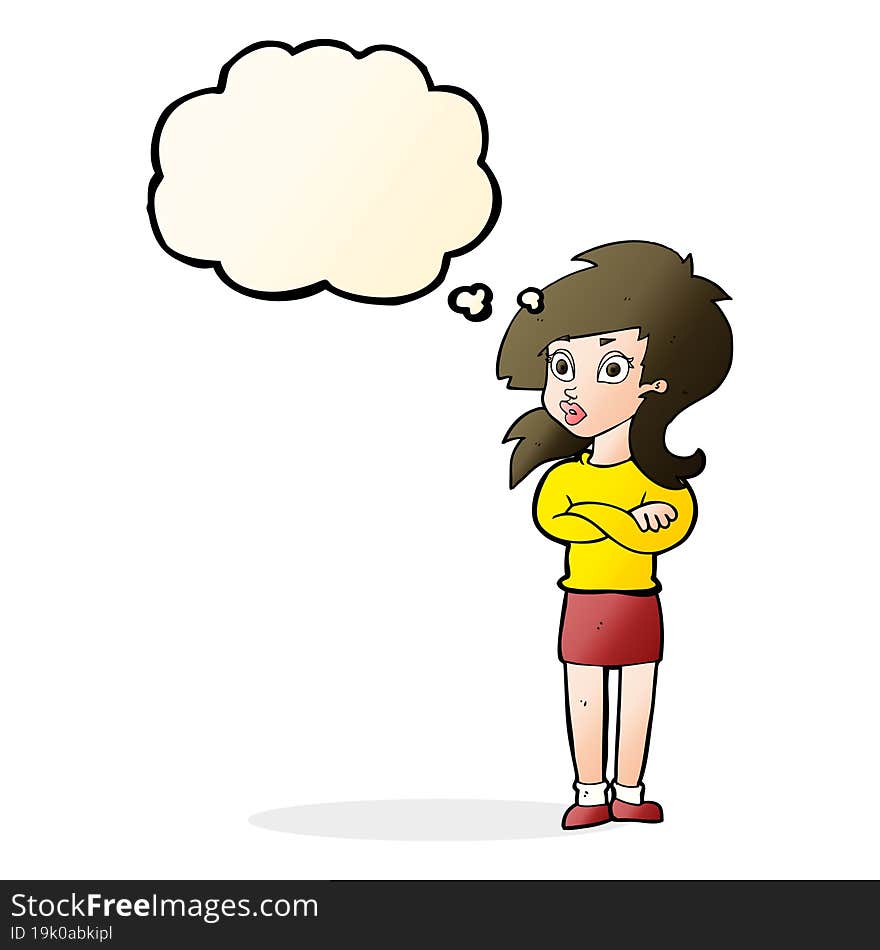 cartoon woman with folded arms with thought bubble