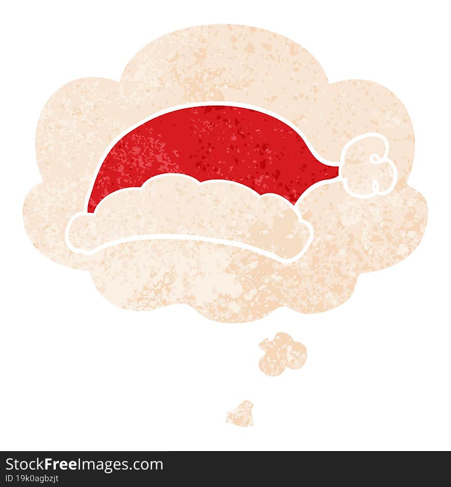 cartoon christmas hat and thought bubble in retro textured style