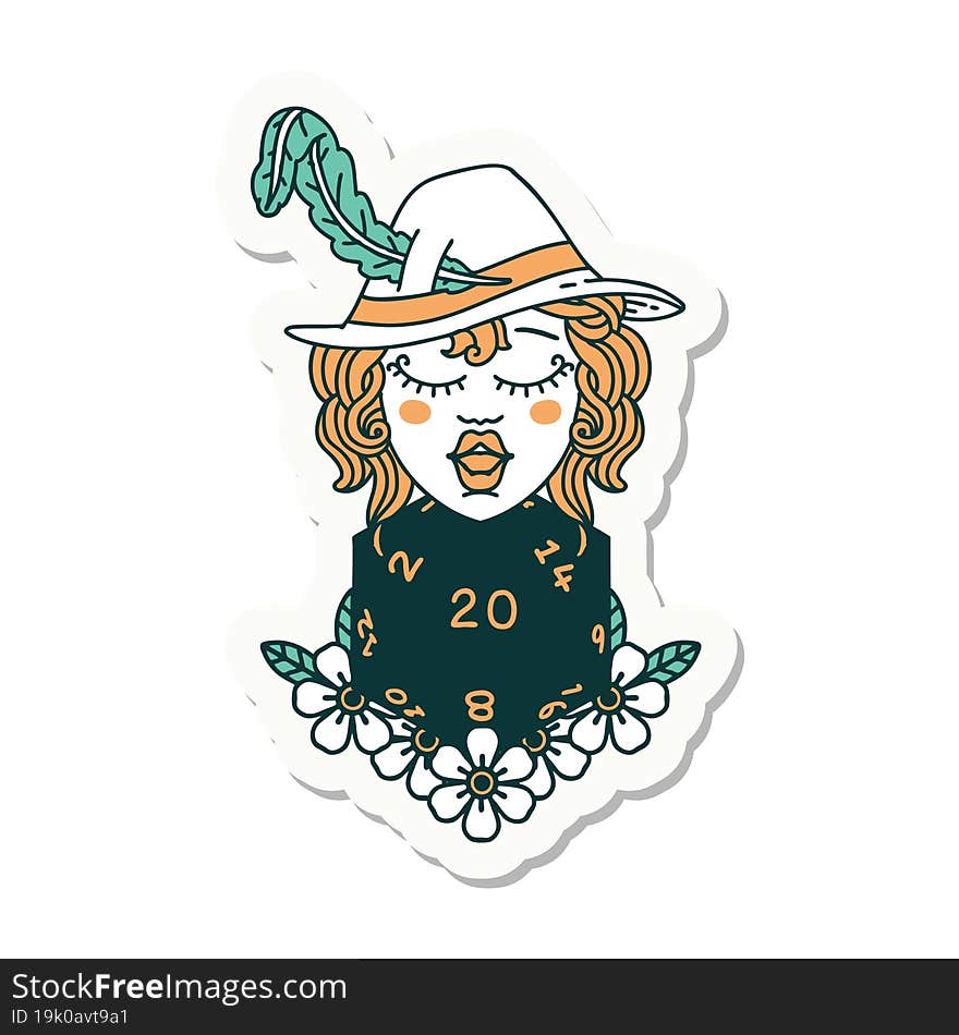 sticker of a human bard with natural 20 dice roll. sticker of a human bard with natural 20 dice roll