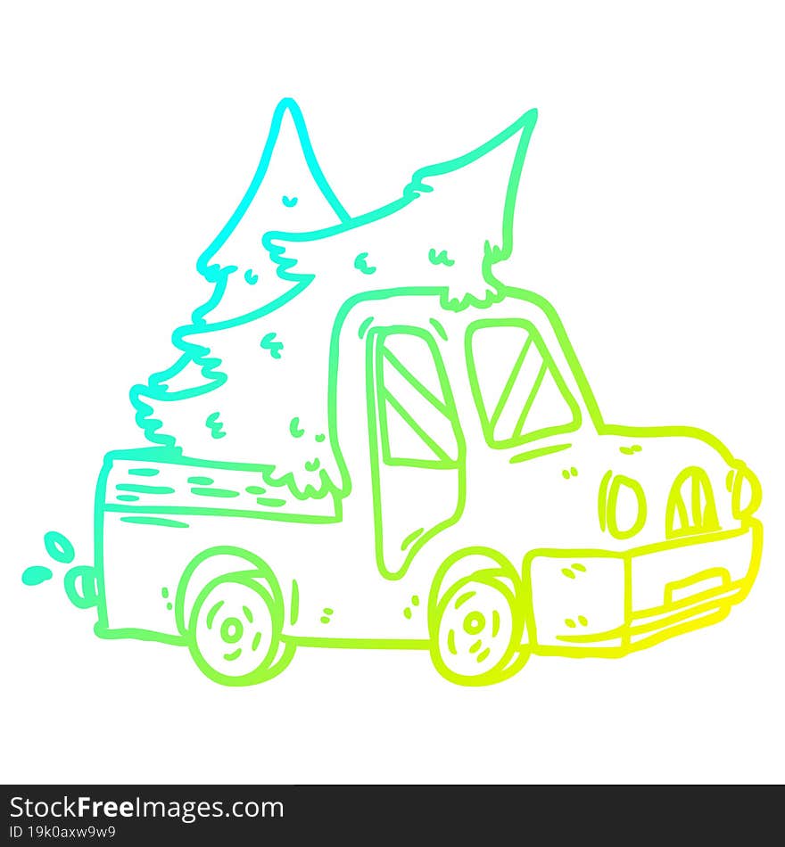 cold gradient line drawing of a pickup truck carrying christmas trees