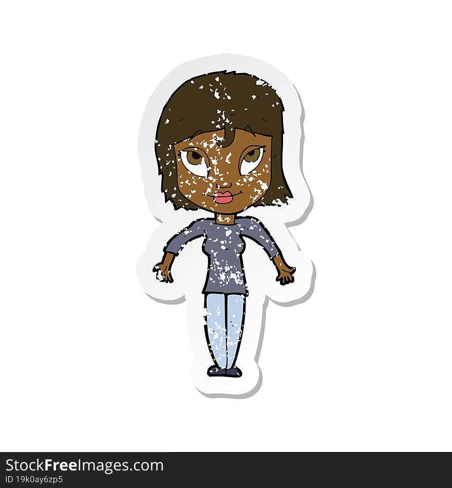 Retro Distressed Sticker Of A Cartoon Girl Shrugging Shoulders