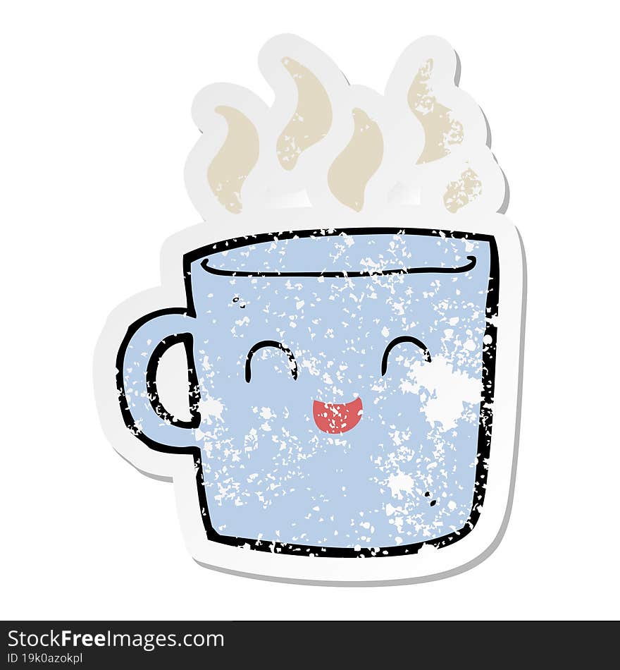 distressed sticker of a cute coffee cup cartoon