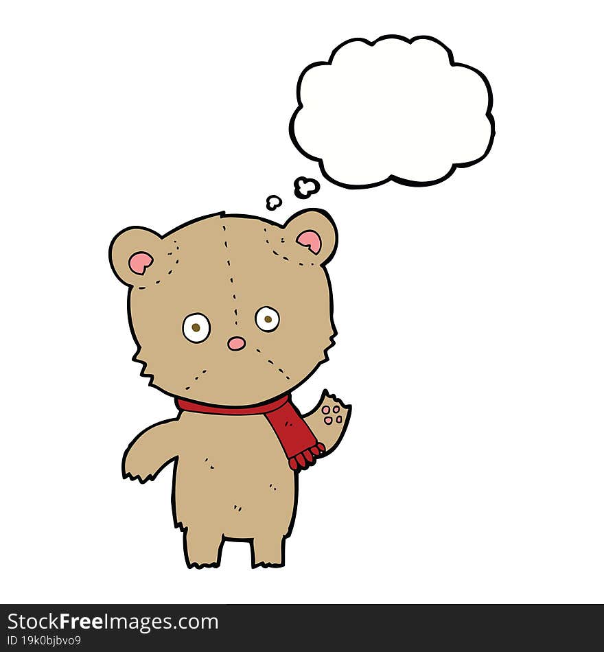 cartoon waving teddy bear with thought bubble