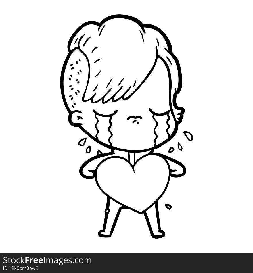 cartoon crying girl with love heart. cartoon crying girl with love heart