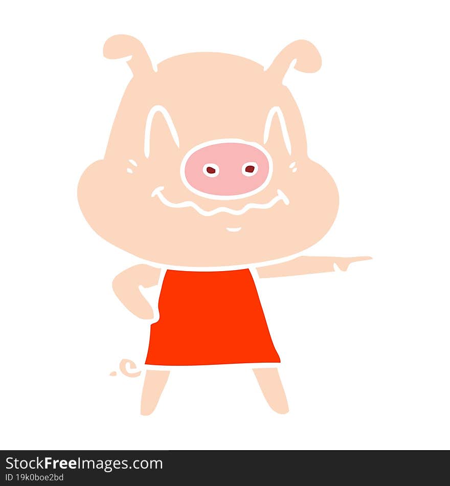 nervous flat color style cartoon pig wearing dress