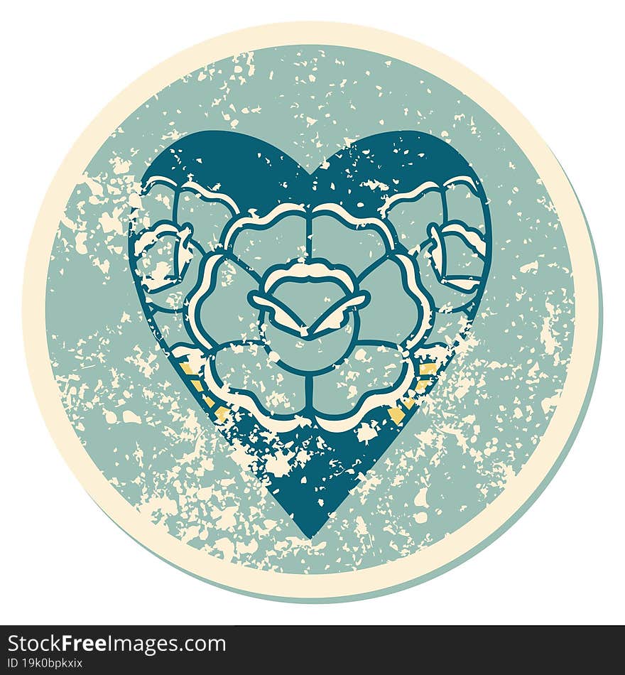 iconic distressed sticker tattoo style image of a heart and flowers. iconic distressed sticker tattoo style image of a heart and flowers