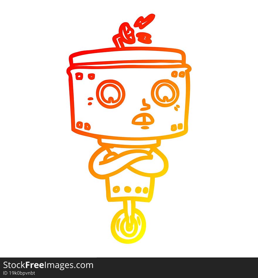 Warm Gradient Line Drawing Cartoon Robot With Crossed Arms