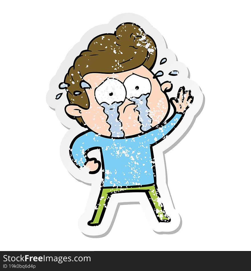 distressed sticker of a cartoon crying man waving