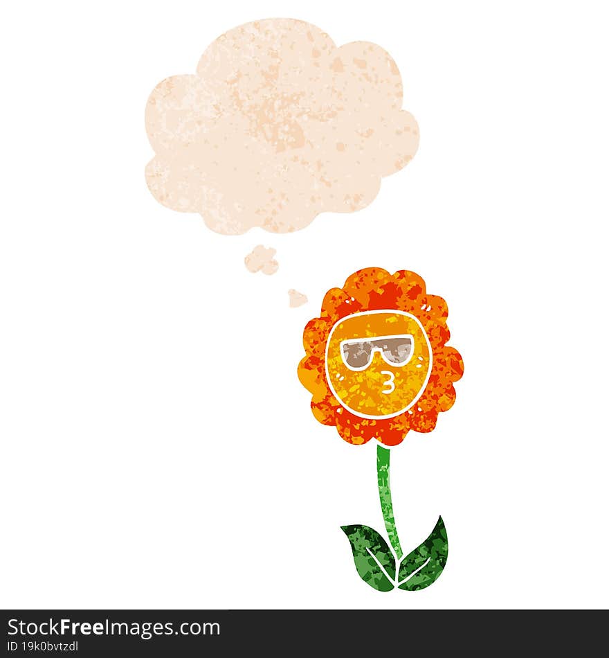 cartoon flower and thought bubble in retro textured style