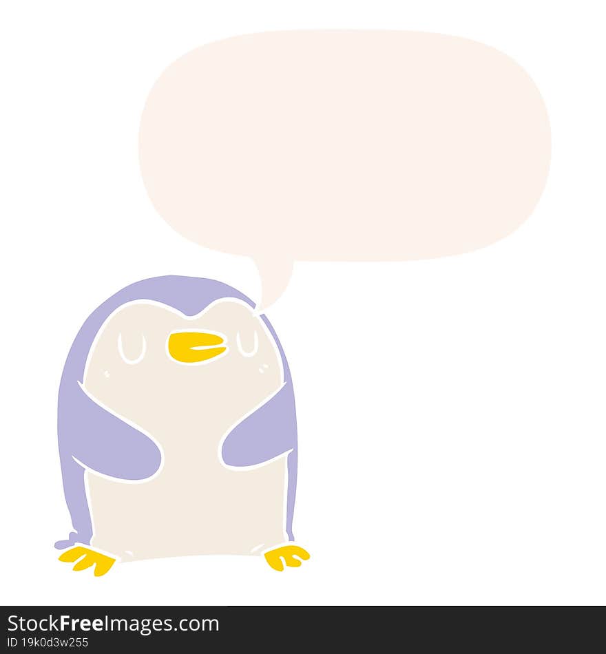 cartoon penguin with speech bubble in retro style