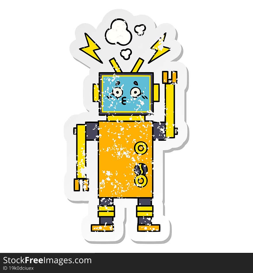 Distressed Sticker Of A Cute Cartoon Malfunctioning Robot