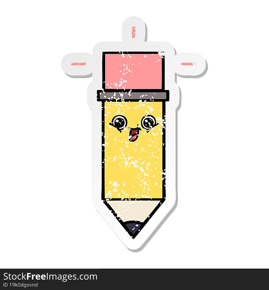 distressed sticker of a cute cartoon pencil