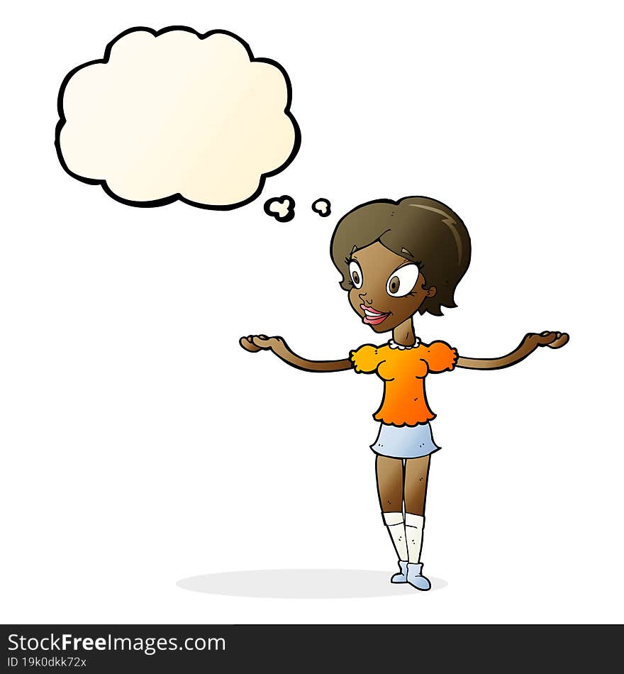 cartoon woman with arms spread wide with thought bubble