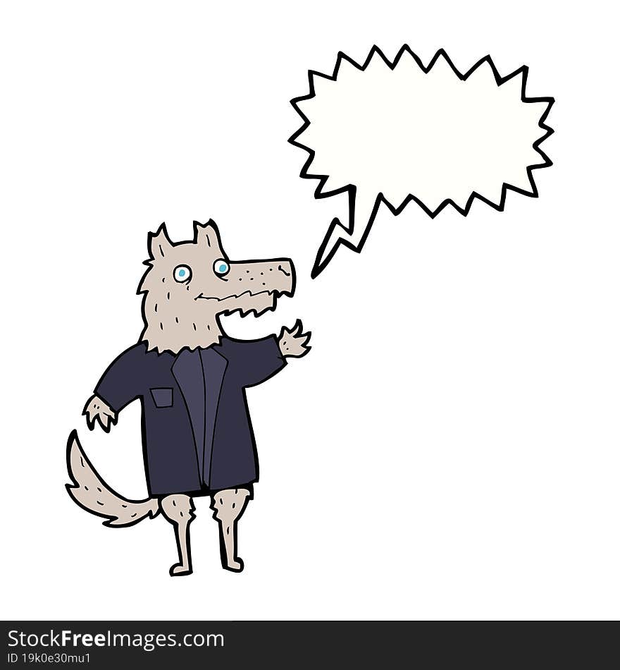 cartoon wolf businessman with speech bubble