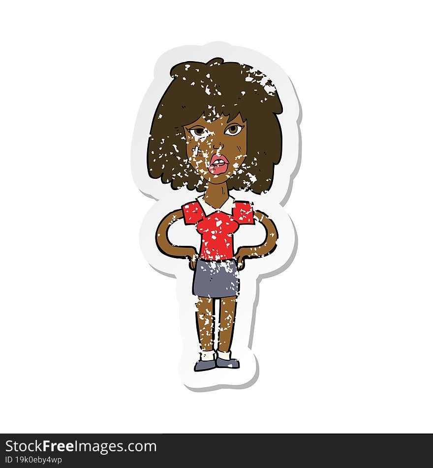 retro distressed sticker of a cartoon tough woman