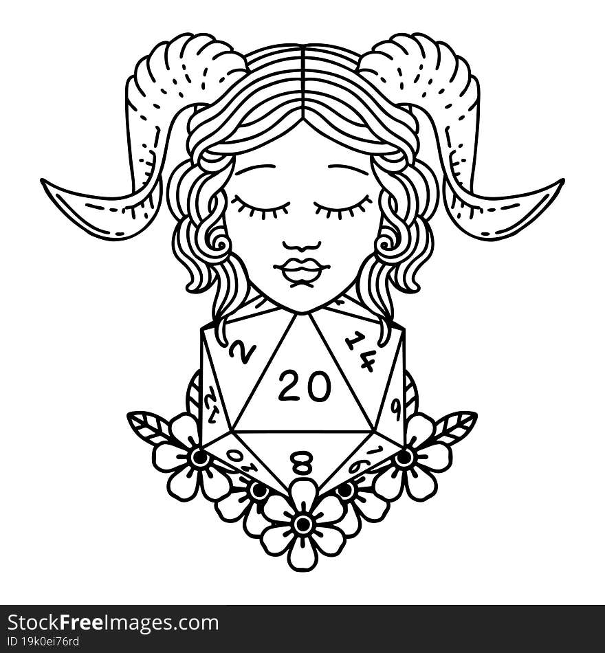 Black and White Tattoo linework Style tiefling with natural 20 D20 dice roll. Black and White Tattoo linework Style tiefling with natural 20 D20 dice roll