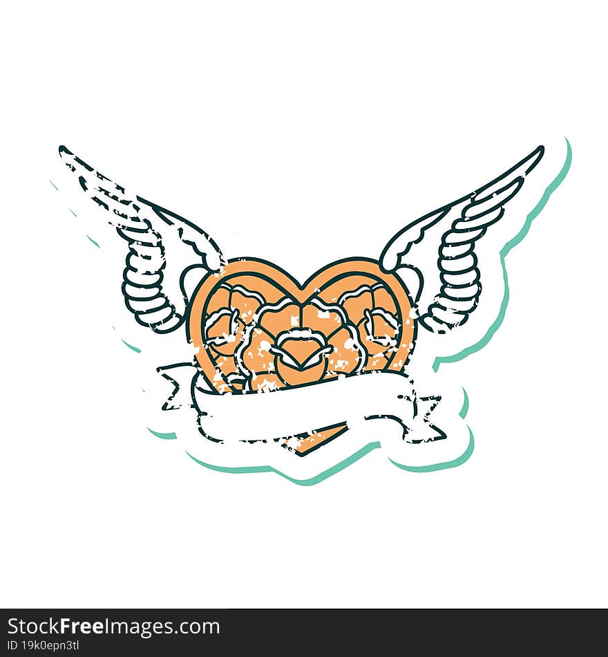 distressed sticker tattoo style icon of a flying heart with flowers and banner