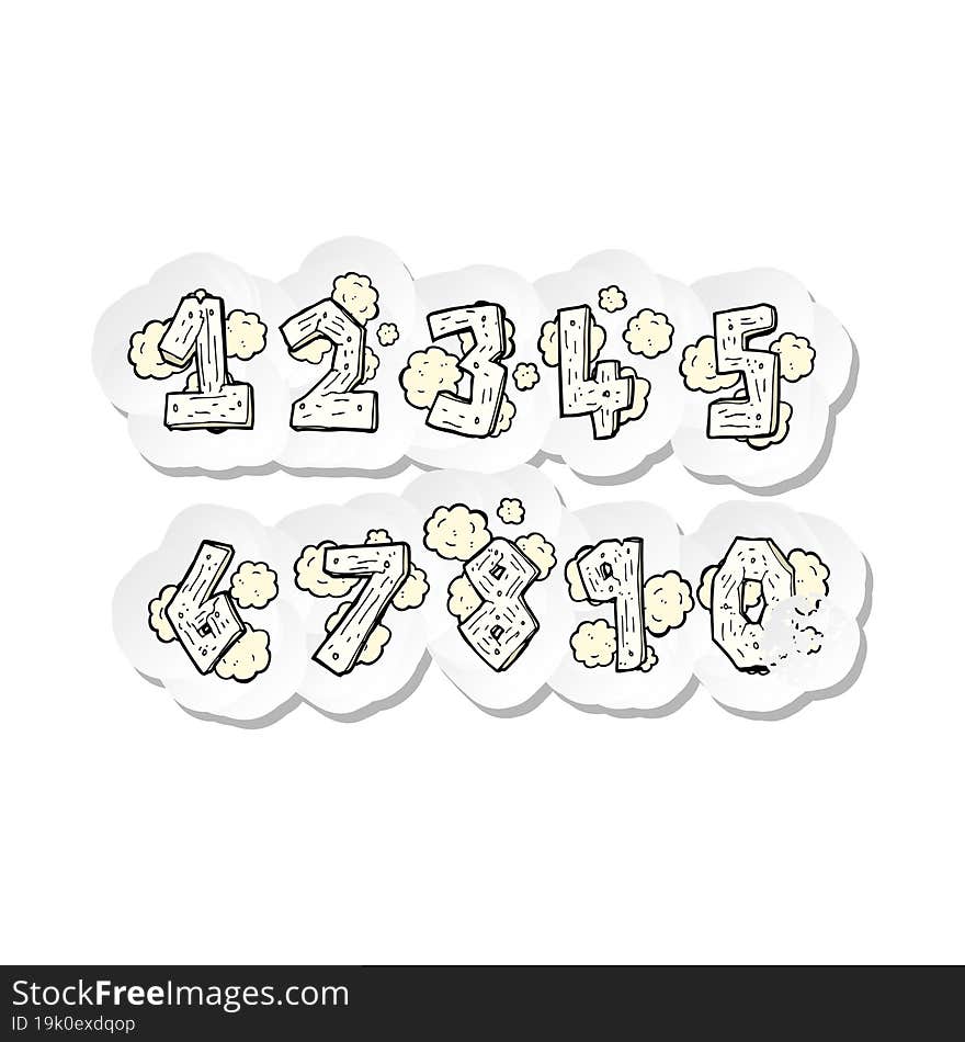 retro distressed sticker of a cartoon wooden numbers