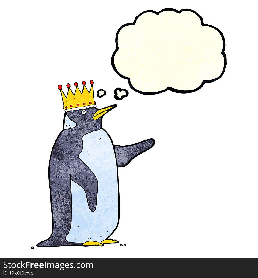 cartoon penguin wearing crown with thought bubble