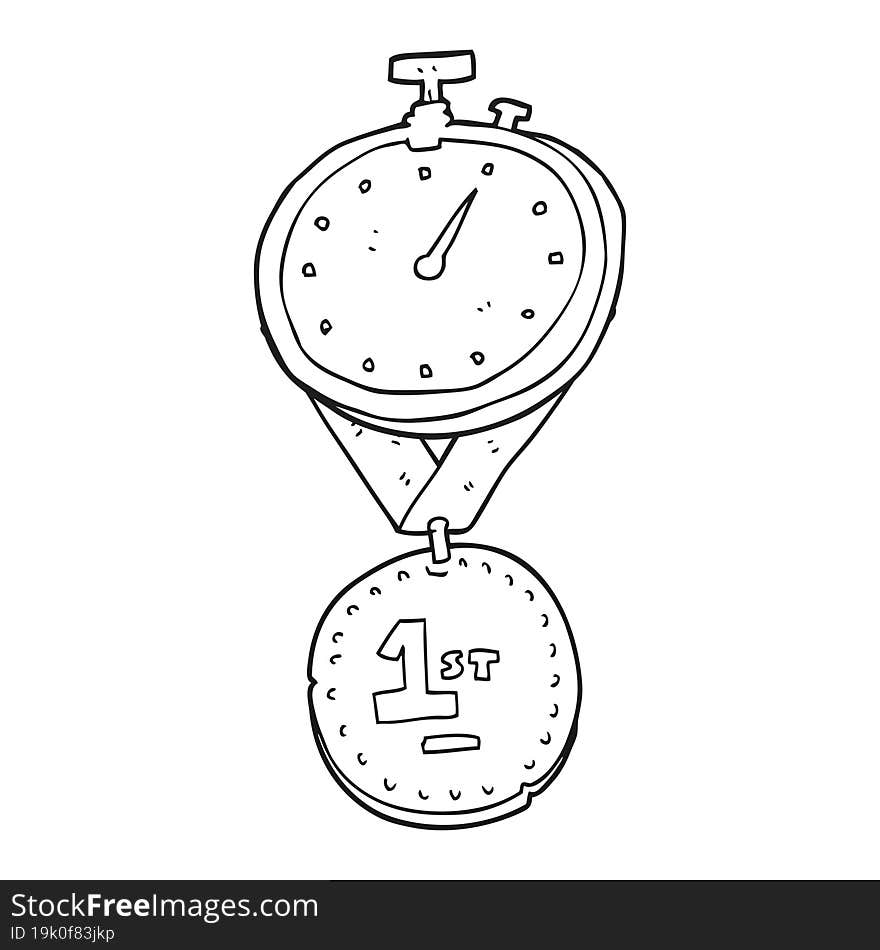 black and white cartoon stopwatch and medal