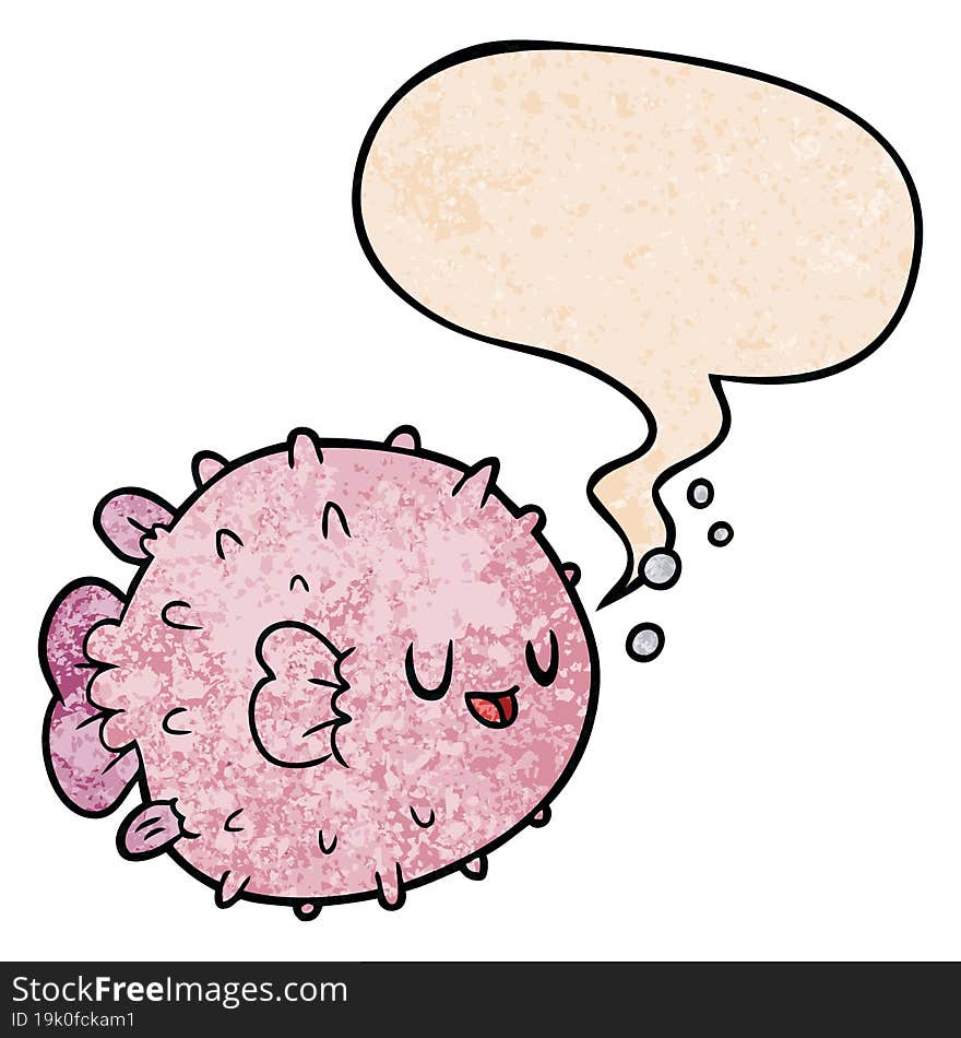 cartoon blowfish with speech bubble in retro texture style