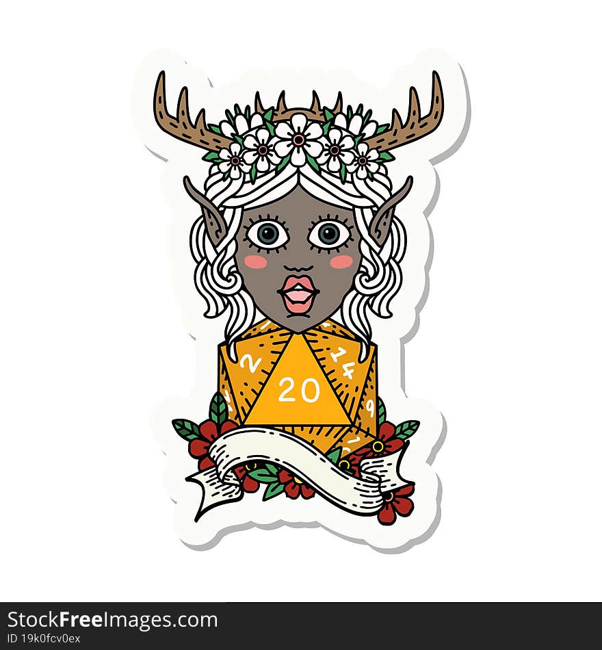 elf druid character with natural twenty dice roll sticker