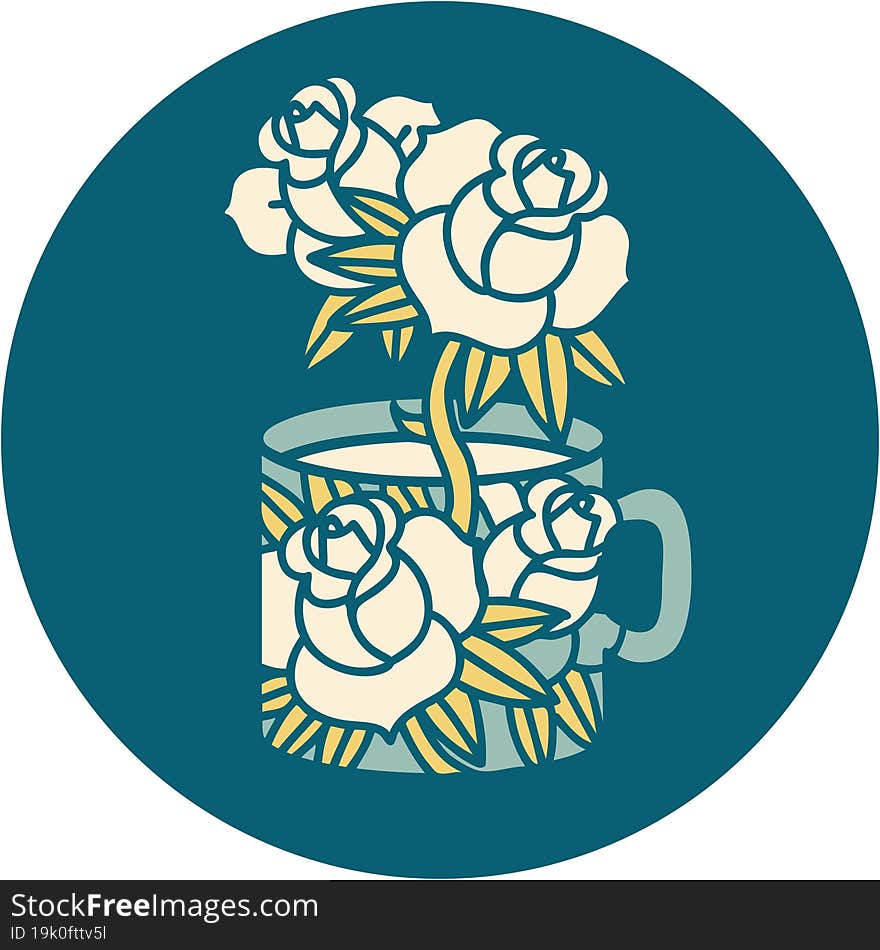 Tattoo Style Icon Of A Cup And Flowers