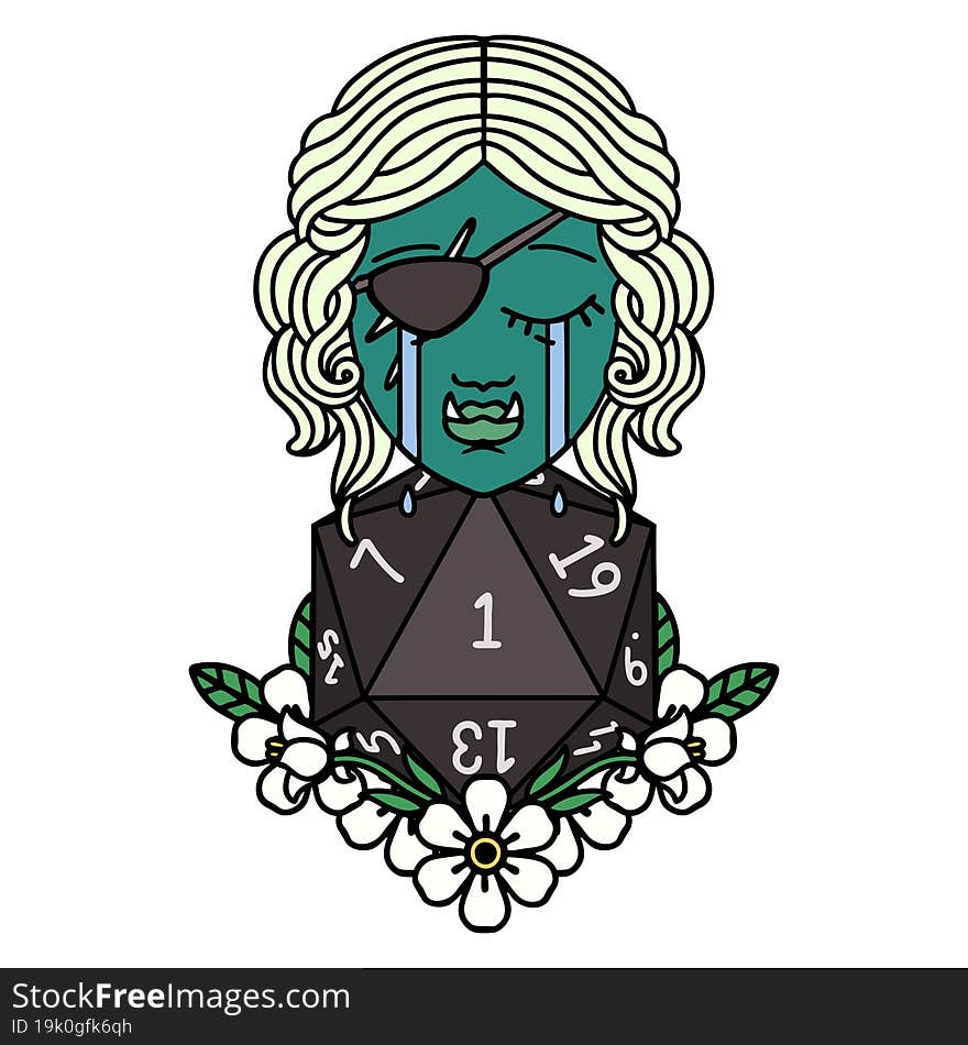 Retro Tattoo Style crying half orc rogue character with natural one D20 roll. Retro Tattoo Style crying half orc rogue character with natural one D20 roll